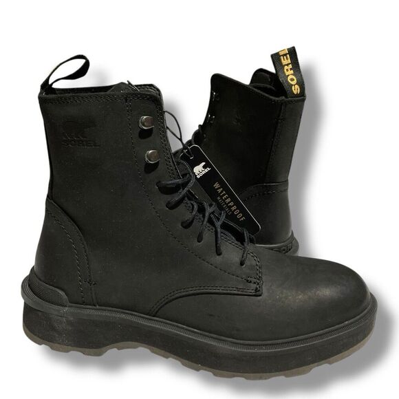 Sorel Boots Womens 7.5 Hi-Line Jet Black Leather Waterproof Lace Up Combat Biker - Picture 1 of 10